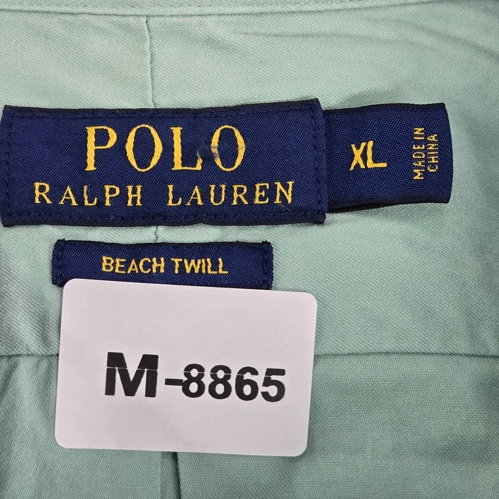 Polo Ralph Lauren Men Button Up Shirt‎ XL Green Twill Beach Long